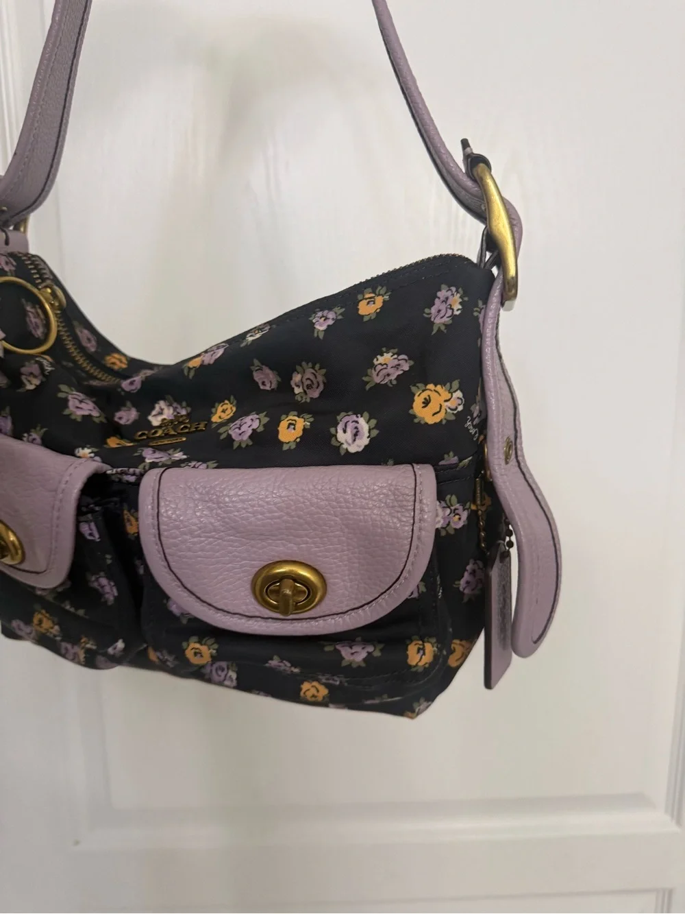 Vintage Coach Shoulder Bag Black Nylon Rose Print Lavender Leather No.A2022 596